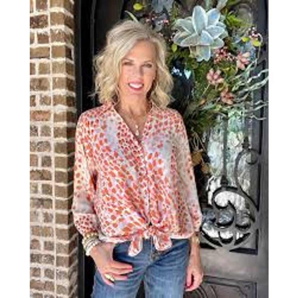 Cabi Go To Blouse #6081 Ivory Pink paint splatter size Large